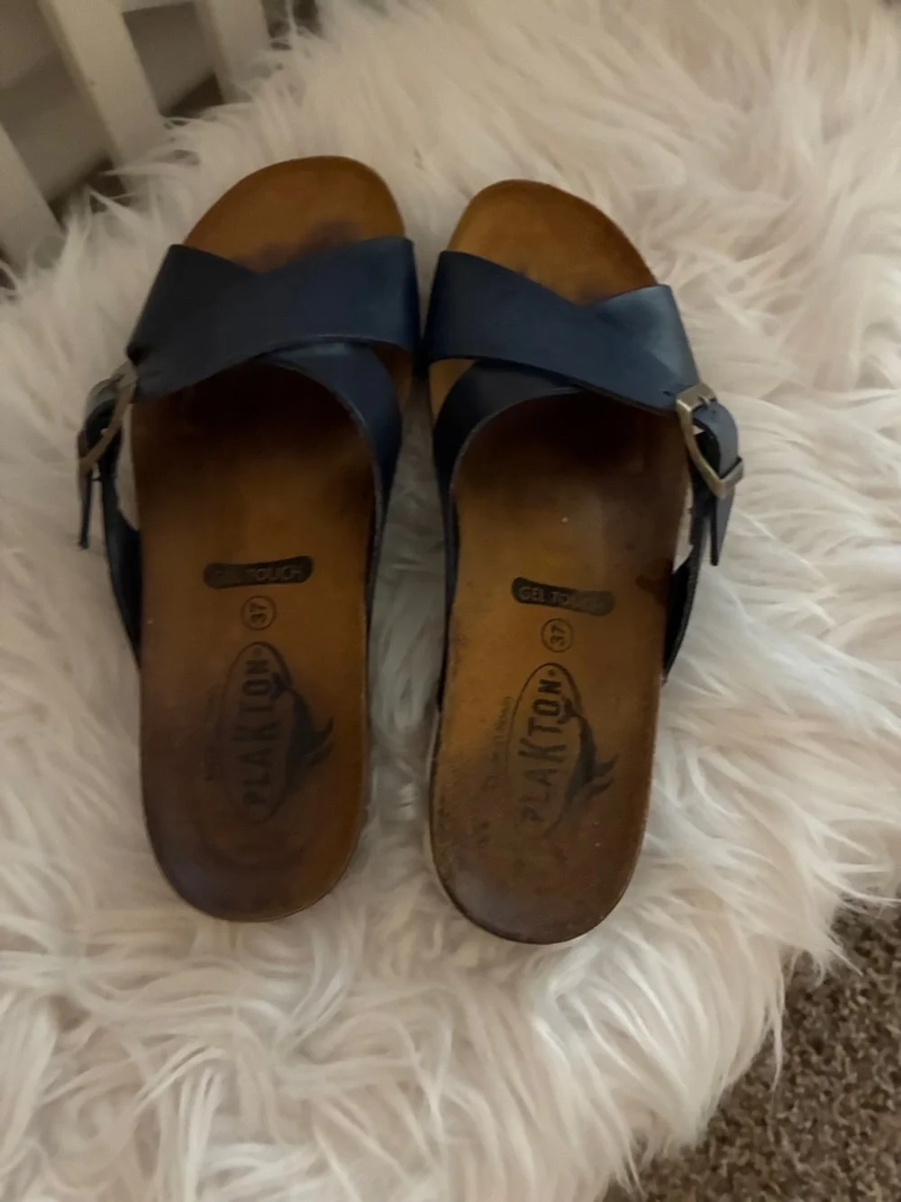 Plakton Baker Navy Gel Touch Slide Sandals Cross-Strap Sandals with Buckle Sz 37